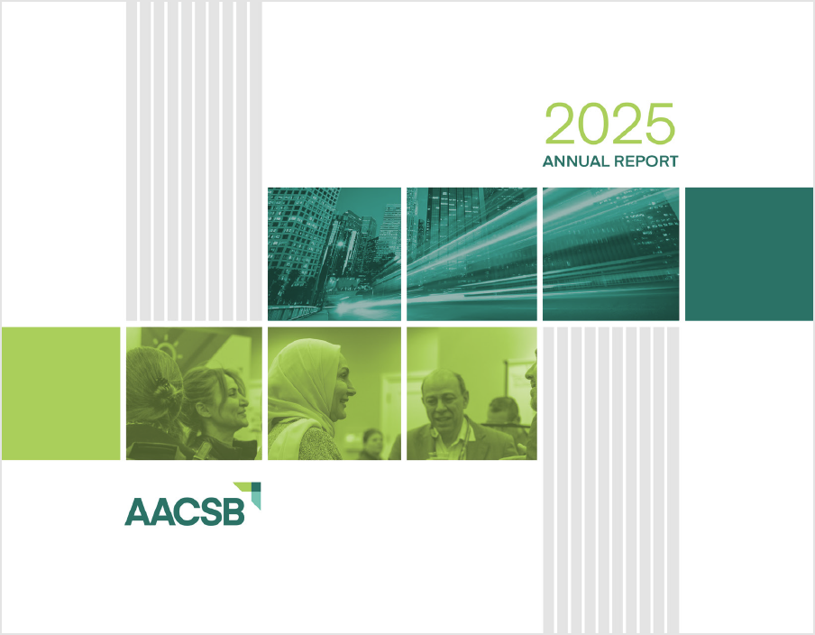 AACSB 2025 Annual Report cover featuring green and teal geometric design with cityscape and people images.