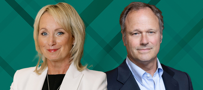 Headshots of Eileen McAuliffe (left) and Andrew J. Hoffman (right) against a dark teal weave pattern