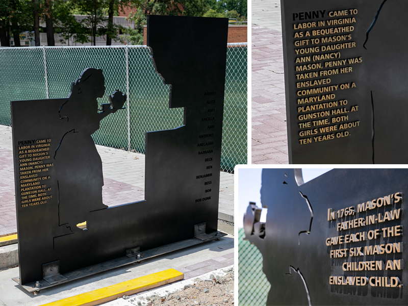 The bronze Enslaved people of George Mason memorial at George Mason University depicting a young slave named Penny bringing tea to Mason's daughter Ann to whom she was bequeathed as a gift