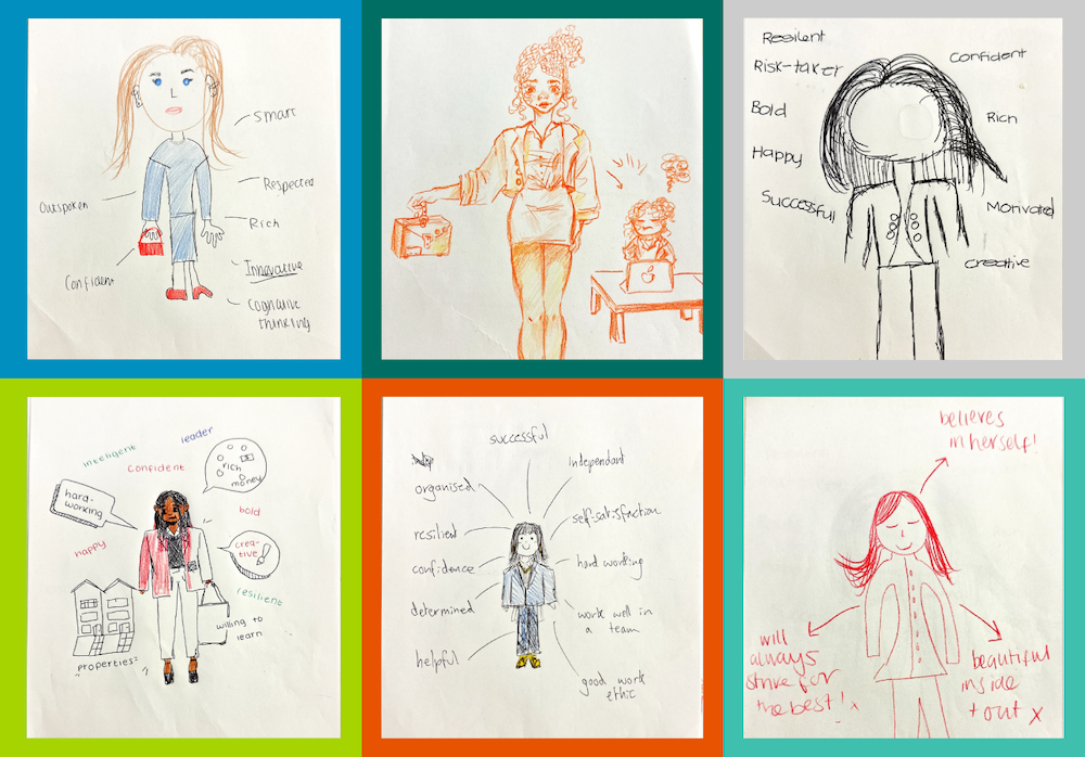 six different sketches depicting women in buiness and accounting careers