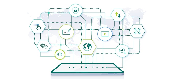 Illustration showing flat tablet screen with digital icons floating above it connected by intermingled pathways of dotted lines