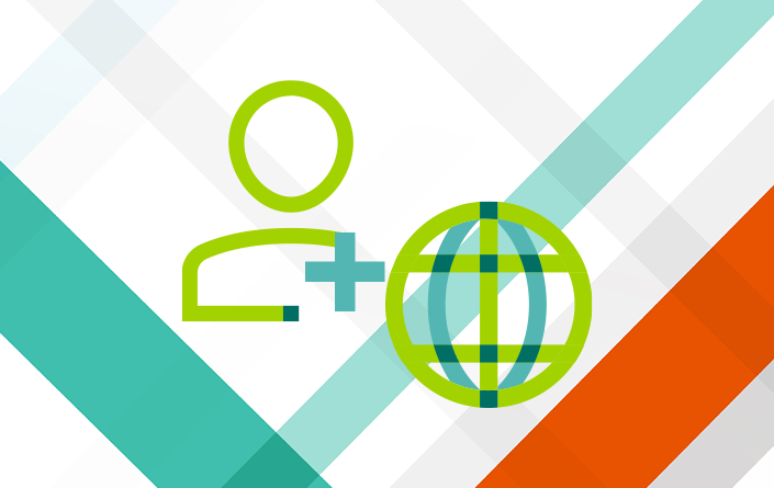 Graphic displaying person and world icons over colorful AACSB branded weave