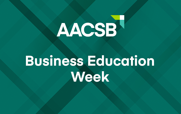 AACSB logo on green weave background with text Business Education Week